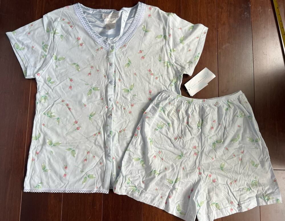 Vtg Earth Angels Pajama Set Mint Green Cotton Floral Lace Y2K Cottagecore NWT S